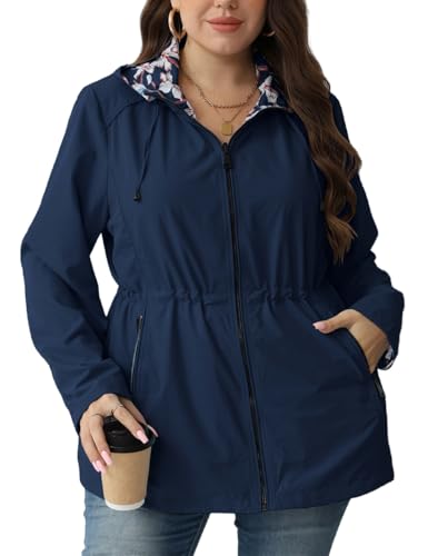 Geschallino Women's Casual Wendemantel Große Größen Floral Print Windbreaker Lightweight Jacke mit Kapuze 6132APLUS D.Blue 4XL von Geschallino