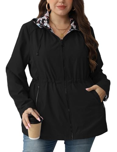 Geschallino Women's Casual Wendemantel Große Größen Floral Print Windbreaker Lightweight Jacke mit Kapuze 6132APLUS Schwarz 5XL von Geschallino