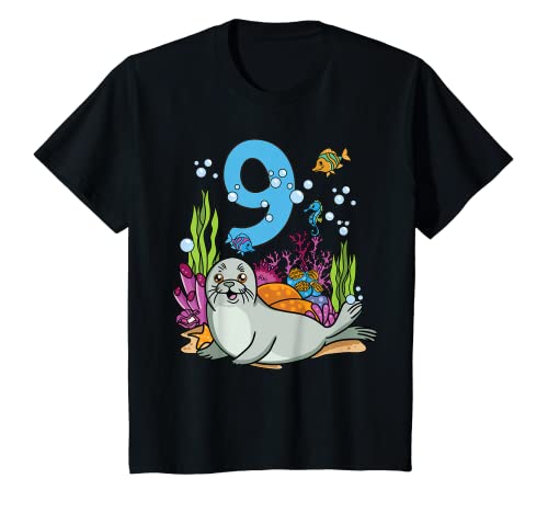 Kinder 9 Jahre alt Geburtstag Kind Junge oder Mädchen süße Robbe T-Shirt von Geschenk 9 Jahre Geburtstag von Lifua
