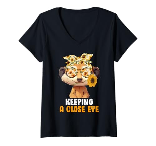 Damen Erdmännchen KEEPING A CLOSE EYE Lustiges Meerkats T-Shirt mit V-Ausschnitt von Geschenk Erdmännchen Lustig Shirt Meerkat Kostüm