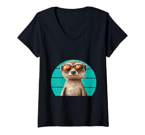 Damen Erdmännchen Kleidung MEERKAT Retro Lustiges Meerkats T-Shirt mit V-Ausschnitt von Geschenk Erdmännchen Lustig Shirt Meerkat Kostüm