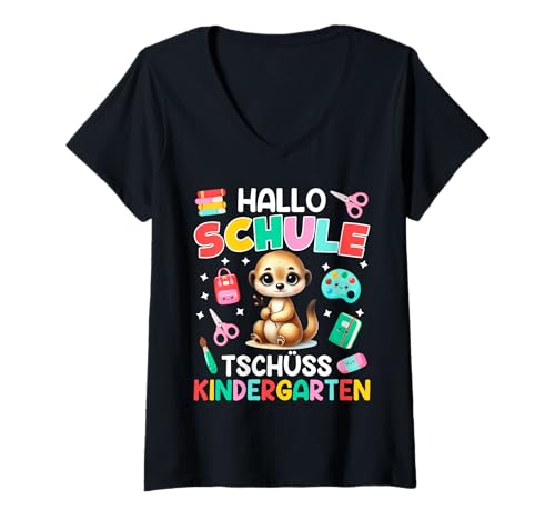 Damen Schulanfäger HALLO SCHULE TSCHÜSS KINDERGARTEN Erdmännchen T-Shirt mit V-Ausschnitt Damen Schulanfäger HALLO SCHULE TSCHÜSS KINDERGARTEN Erdmännchen T-Shirt mit V-Ausschnitt von Geschenk Erdmännchen Lustig Shirt Meerkat Kostüm