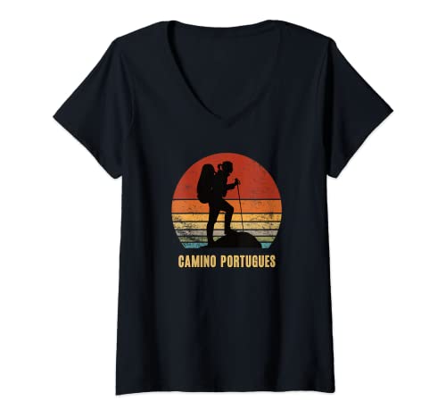 Damen Camino Portugues Jakobsweg Pilgerreise Portugal Pilgern T-Shirt mit V-Ausschnitt Damen Camino Portugues Jakobsweg Pilgerreise Portugal Pilgern T-Shirt mit V-Ausschnitt von Geschenk Für Pilger Wandern Zubehör Geschenkidee