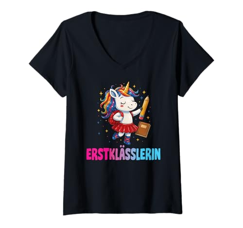 Damen Einschulung Mädchen Schulkind Schule Erstklässler Einhorn T-Shirt mit V-Ausschnitt von Geschenk Schule Schultüte Kinder - Kita Abschied
