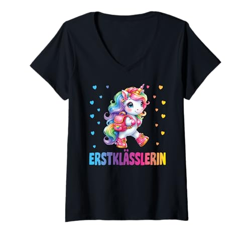 Damen Einschulung Mädchen Schulkind Schule Erstklässler Einhorn T-Shirt mit V-Ausschnitt von Geschenk Schule Schultüte Kinder - Kita Abschied