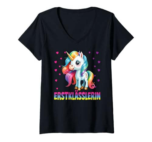 Damen Einschulung Mädchen Schulkind Schule Erstklässler Einhorn T-Shirt mit V-Ausschnitt von Geschenk Schule Schultüte Kinder - Kita Abschied