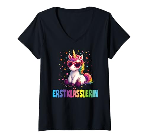 Damen Einschulung Mädchen Schulkind Schule Erstklässler Einhorn T-Shirt mit V-Ausschnitt von Geschenk Schule Schultüte Kinder - Kita Abschied