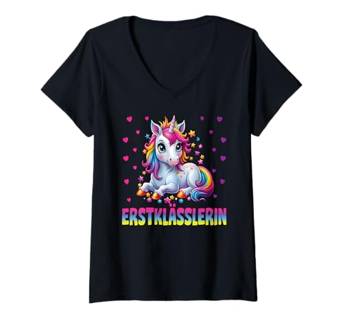 Damen Einschulung Mädchen Schulkind Schule Erstklässler Einhorn T-Shirt mit V-Ausschnitt von Geschenk Schule Schultüte Kinder - Kita Abschied