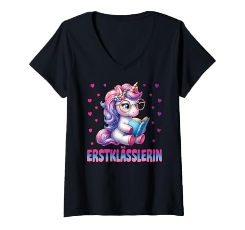 Damen Einschulung Mädchen Schulkind Schule Erstklässler Einhorn T-Shirt mit V-Ausschnitt von Geschenk Schule Schultüte Kinder - Kita Abschied