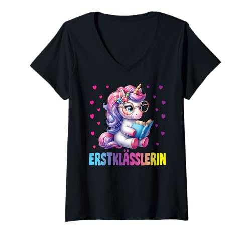 Damen Einschulung Mädchen Schulkind Schule Erstklässler Einhorn T-Shirt mit V-Ausschnitt von Geschenk Schule Schultüte Kinder - Kita Abschied