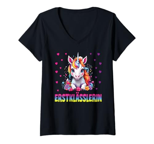 Damen Einschulung Mädchen Schulkind Schule Erstklässler Einhorn T-Shirt mit V-Ausschnitt von Geschenk Schule Schultüte Kinder - Kita Abschied