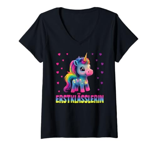 Damen Einschulung Mädchen Schulkind Schule Erstklässler Einhorn T-Shirt mit V-Ausschnitt von Geschenk Schule Schultüte Kinder - Kita Abschied