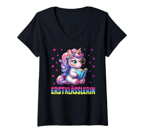 Damen Einschulung Mädchen Schulkind Schule Erstklässler Einhorn T-Shirt mit V-Ausschnitt von Geschenk Schule Schultüte Kinder - Kita Abschied