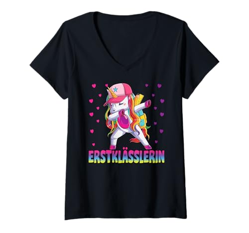 Damen Einschulung Mädchen Schulkind Schule Erstklässler Einhorn T-Shirt mit V-Ausschnitt von Geschenk Schule Schultüte Kinder - Kita Abschied