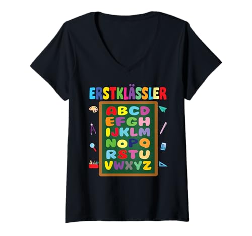 Damen Einschulung Schulkind Schule Erstklässler Jungs Mädchen T-Shirt mit V-Ausschnitt Damen Einschulung Schulkind Schule Erstklässler Jungs Mädchen T-Shirt mit V-Ausschnitt von Geschenk Schule Schultüte Kinder - Kita Abschied