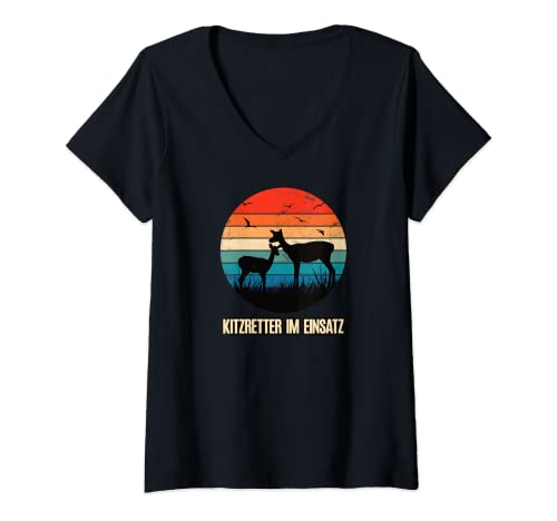 Damen Kitzretter im Einsatz Rehkitz Retter Kitzrettung Rehbock Reh T-Shirt mit V-Ausschnitt von Geschenk Tierfreund Geschenkidee Rettung der Tiere