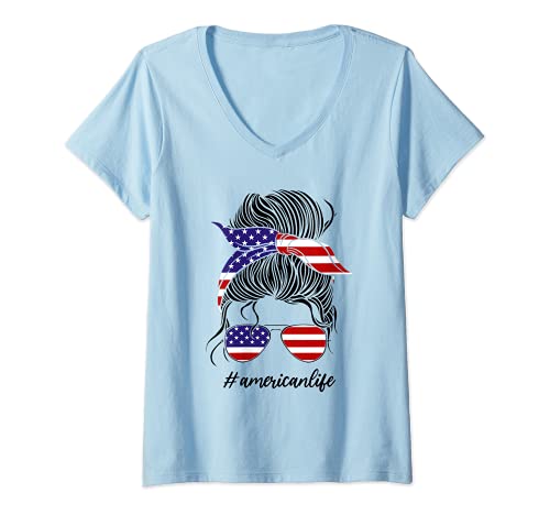 Damen #americanlife unordentlicher Brötchen Amerika T-Shirt mit V-Ausschnitt Damen #americanlife unordentlicher Brötchen Amerika T-Shirt mit V-Ausschnitt von Geschenk für Amerika.