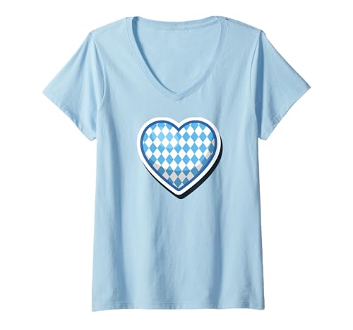 Damen Herzmotiv Bayern Bayerisches Outfit Damen Blau Weiss Herz T-Shirt mit V-Ausschnitt von Geschenk für Bayern Fan Geschenkideen mit Herzen