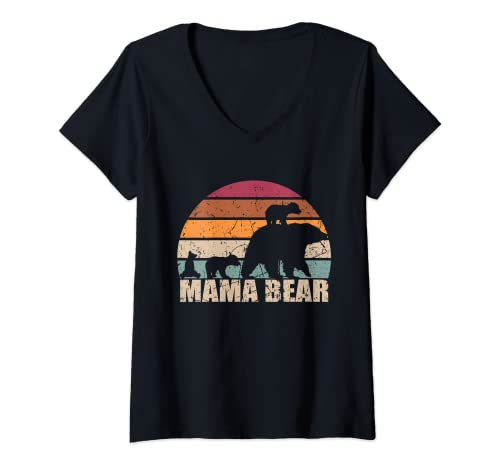 Damen Mama Bär von 3 Kindern Muttertag Retro Dreifach Mama T-Shirt mit V-Ausschnitt Damen Mama Bär von 3 Kindern Muttertag Retro Dreifach Mama T-Shirt mit V-Ausschnitt von Geschenk für Mama Bär