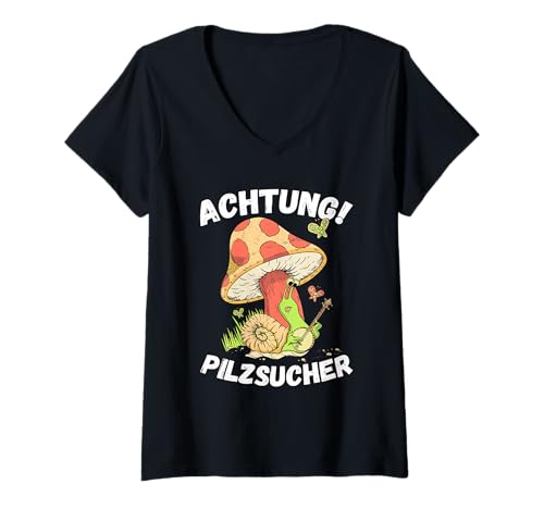 Damen Pilzsucher Zubehör Pilze Sammeln Fliegenpilz Pilzliebhaber T-Shirt mit V-Ausschnitt von Geschenk für Pilzliebhaber und Pilzsucher Zubehör