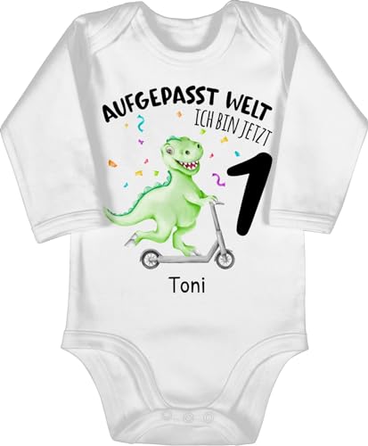 Baby Body langarm Mädchen Junge - Aufgepasst Welt Ich bin jetzt 1 Dino I 1. Geburtstag Dinosaurier - 12/18 Monate - Weiß - outfit jahr 1.geburtstag jährige babybody jungen 1st birthday name von Geschenk mit Namen personalisiert by Shirtracer