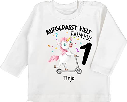 Baby Langarmshirt - 1. Geburtstag - Aufgepasst Welt - Ich Bin jetzt 1 - Geburtstagsoutfit Einhorn Ich Bin 1 Geschenk 1 Jahr Erste Ersten Geschenkideen Namen - 12/18 Monate - Weiß von Geschenk mit Namen personalisiert by Shirtracer