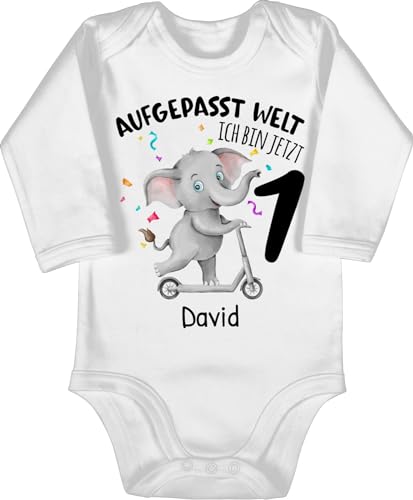 Baby Body langarm Mädchen Junge - 1. - Aufgepasst Welt ich bin jetzt 1 Jahr alt I Erster Geburtstag - 12/18 Monate - Weiß - first birthday boy outfit jungen 1.geburtstag 1st strampler von Geschenk mit Namen personalisiert by Shirtracer