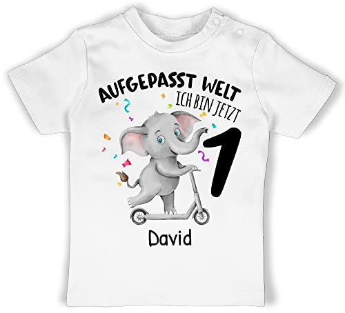 Baby T-Shirt Mädchen Jungen - 1. - Aufgepasst Welt ich Bin jetzt 1 Jahr alt I Erster Geburtstag - 12/18 Monate - Weiß - First Birthday Boy Outfit geburtstagsshirt one 1.Geburtstag 1st Tshirt von Geschenk mit Namen personalisiert by Shirtracer