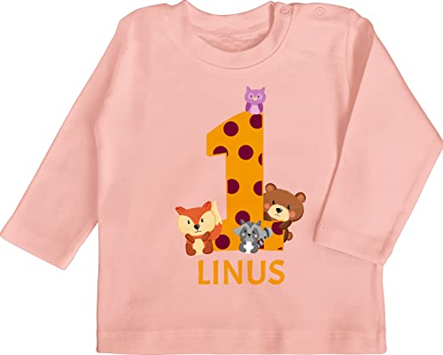 Baby Langarmshirt - 1. Geburtstag - Waldtiere - 1 Jahr - 12/18 Monate - Babyrosa - one birthday old boy outfit zum 1.geburtstag junge langarmshirts für baby-mädchen einjährigen maedchen 1st name von Geschenk mit Namen personalisiert by Shirtracer