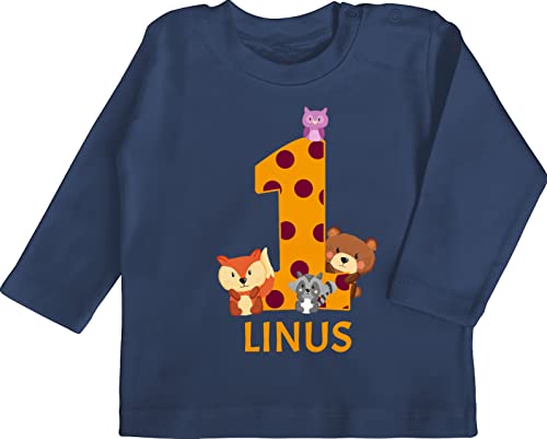 Baby Langarmshirt - 1. Geburtstag - Waldtiere - 1 Jahr - 12/18 Monate - Navy Blau - geburtstagsshirt one First Birthday Outfit Boy ich Bin Schon eins Teddy Shirt Langarm für einjähriges mädchen von Geschenk mit Namen personalisiert by Shirtracer