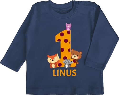 Baby Langarmshirt - Waldtiere 1 Jahr I 1. Geburtstag - 12/18 Monate - Navy Blau - Geschenke für einjährige First Birthday Girl Outfit 1.Geburtstag one Shirt geburtstagsshirt Langarm eins Bear von Geschenk mit Namen personalisiert by Shirtracer