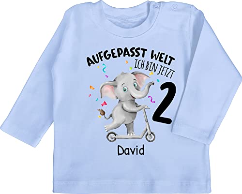 Baby Langarmshirt - 2. Geburtstag - Aufgepasst Welt - Ich Bin jetzt 2 - Elefant mit Name zum Zweiten - 18/24 Monate - Babyblau - Shirt Jahre Langarm Tshirt Zwei personalisierbar Shirts Geburtstags t von Geschenk mit Namen personalisiert by Shirtracer