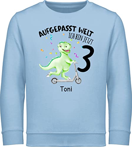 Sweater Kinder Sweatshirt Jungen Mädchen Pullover - 3. Geburtstag - Aufgepasst Welt - Ich bin jetzt 3 - Dino Dinosaurier Saurier - 104 (3/4 Jahre) - Hellblau - jahre junge geburtstagsoutfit von Geschenk mit Namen personalisiert by Shirtracer