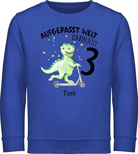 Sweater Kinder Sweatshirt Jungen Mädchen Pullover - 3. Geburtstag - Aufgepasst Welt - Ich bin jetzt 3 - Dino Dinosaurier Saurier - 104 (3/4 Jahre) - Royalblau - jahre junge geburtstagsoutfit von Geschenk mit Namen personalisiert by Shirtracer