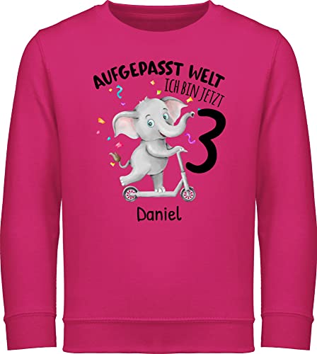 Sweater Kinder Sweatshirt Jungen Mädchen Pullover - 3. Geburtstag - Aufgepasst Welt - Ich bin jetzt 3 - Elefant - 104 (3/4 Jahre) - Fuchsia - jahre name junge langärmelig zum 3.geburtstag zahl von Geschenk mit Namen personalisiert by Shirtracer