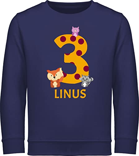 Sweater Kinder Sweatshirt Jungen Mädchen Pullover - 3. Geburtstag - Waldtiere - Bär Waschbär Fuchs Eule zum Dritten - 104 (3/4 Jahre) - Navy Blau - 3.geburtstag junge 3 jahre von Geschenk mit Namen personalisiert by Shirtracer