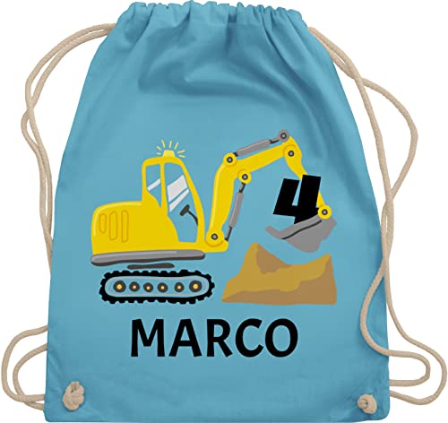 Turnbeutel Rucksack - 4. Geburtstag - Bagger Name zum Vierten - Unisize - Hellblau - kindergarten kinder 4 jahre 4.geburtstag beutel stoffbeutel sportbeutel turnsackerl kinderturnbeutel stoffsackerl von Geschenk mit Namen personalisiert by Shirtracer