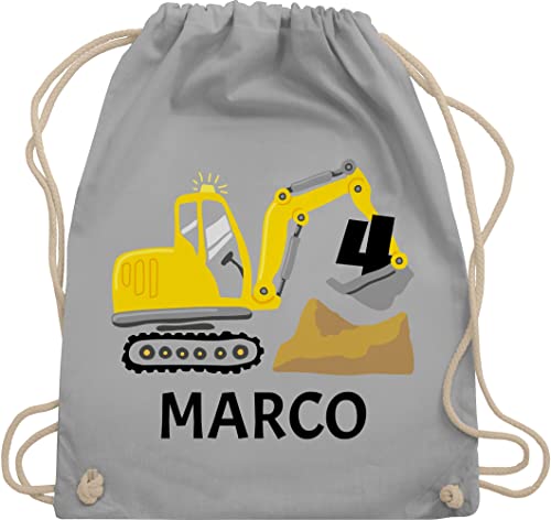 Turnbeutel Rucksack - 4. Geburtstag - Bagger Name zum Vierten - Unisize - Hellgrau - kindergarten kinder 4 jahre 4.geburtstag beutel stoffbeutel sportbeutel turnsackerl kinderturnbeutel stoffsackerl von Geschenk mit Namen personalisiert by Shirtracer