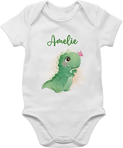 Baby Body Junge Mädchen - Geschenk Dino mit Name personalisiert I Saurier I Dinos I Dinosaurier I Urzeittier - 6/12 Monate - Weiß - geschenke geburt baby+body tier tieren babysachen kleidung von Geschenk mit Namen personalisiert by Shirtracer