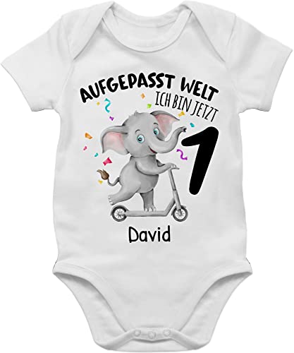 Baby Body Junge Mädchen - 1. Geburtstag - Ich bin jetzt 1 - Aufgepasst Welt - 6/12 Monate - Weiß - outfit erste ab jahr erster one für jährigen jähriges name geburtstagsgeschenk jungen von Geschenk mit Namen personalisiert by Shirtracer