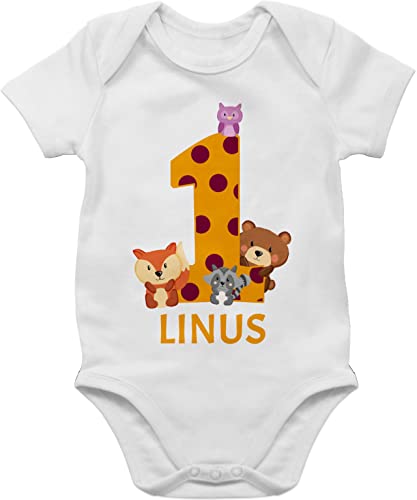 Baby Body Junge Mädchen - 1. Geburtstag - Waldtiere - 1 Jahr - 12/18 Monate - Weiß - name erster outfit 1st teddy kleidung zum einjährigen ehretag für 1.geburtstag one year birthday von Geschenk mit Namen personalisiert by Shirtracer