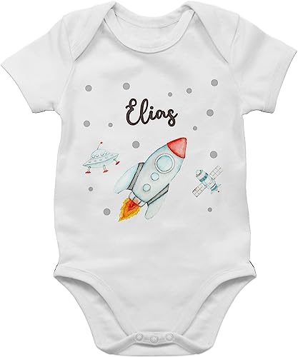 Baby Body Junge Mädchen - Weltall - Rakete Flugrakete Raumfahrt Weltraum Astronaut Geschenk - 3/6 Monate - Weiß - strampler astronauten raketen nasa planeten von Geschenk mit Namen personalisiert by Shirtracer