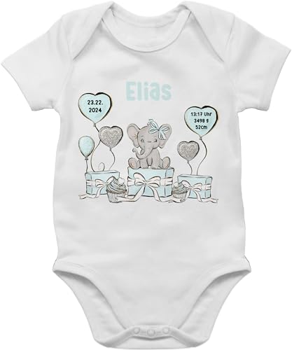 Body Junge Mädchen - Baby Geschenk zur Geburt Jungen Elefant personalisiert Name Geburtsdaten Taufe - 3/6 Monate - Weiß - personalisierte babygeschenke strampler daten geschenkideen babyparty von Geschenk mit Namen personalisiert by Shirtracer