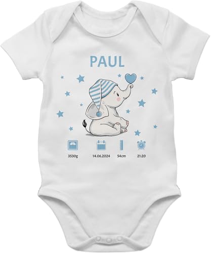 Baby Body Junge Mädchen - Elefant Geburtsdaten mit Name Geschenk zur Geburt Geschenkidee I Geldgeschenk zur Geburt - 1/3 Monate - Weiß - sachen personalisierte babysachen geburtsgeschenk von Geschenk mit Namen personalisiert by Shirtracer