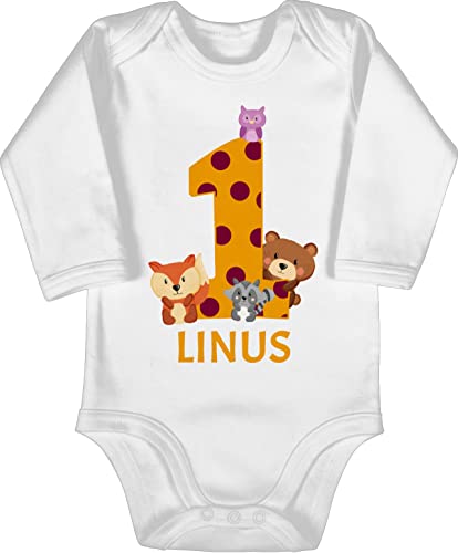 Baby Body langarm Mädchen Junge - 1. Geburtstag - Waldtiere - 1 Jahr - 12/18 Monate - Weiß - geschenke für einjährigen bodys outfit 1-jährigen ersten erste geburtstags mein erster erstes one von Geschenk mit Namen personalisiert by Shirtracer