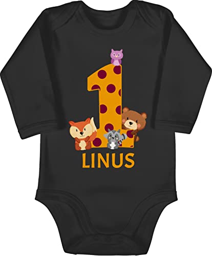 Baby Body langarm Mädchen Junge - Waldtiere 1 Jahr I 1. Geburtstag - 12/18 Monate - Schwarz - geschenke für einjährige outfit 1.geburtstag one babybody geburtstagsoutfit jungen 1st birthday bear von Geschenk mit Namen personalisiert by Shirtracer