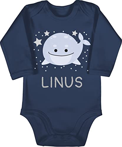 Baby Body langarm Mädchen Junge - Wal Bild und Dein Name - 3/6 Monate - Navy Blau - babystrampler jungen personalisierter bodys personalisierte babybodys personalisiertes strampler von Geschenk mit Namen personalisiert by Shirtracer