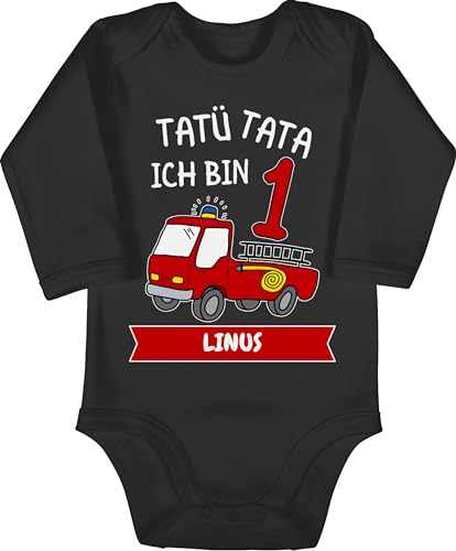 Baby Body langarm Mädchen Junge - 1. Geburtstag - Tatü Tata Ich bin 1 - Tatütata ich werde 1 Feuerwehrauto ist da - 12/18 Monate - Schwarz - geburtstagsgeschenk für mein sohn jahre alt outfit von Geschenk mit Namen personalisiert by Shirtracer