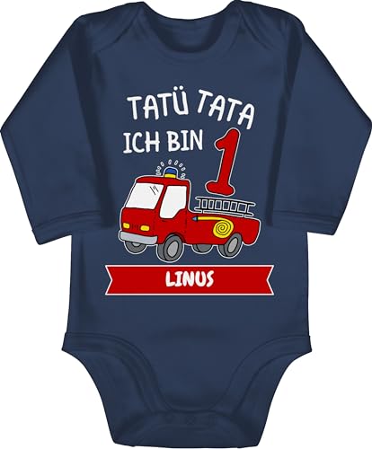 Baby Body langarm Mädchen Junge - 1. Geburtstag - Tatü Tata Ich bin 1 - Tatütata ich werde 1 Feuerwehrauto ist da - 6/12 Monate - Navy Blau - geburtstagsgeschenk für mein sohn jahre alt outfit von Geschenk mit Namen personalisiert by Shirtracer