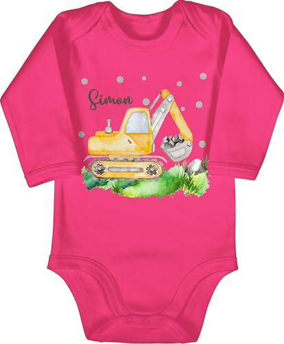 Baby Body langarm Mädchen Junge - Bagger I Baggerfahrer Geschenk - 3/6 Monate - Fuchsia - baufahrzeug name strampler fahrzeug baustelle fahrzeuge excavator personalisierte baustellen und von Geschenk mit Namen personalisiert by Shirtracer